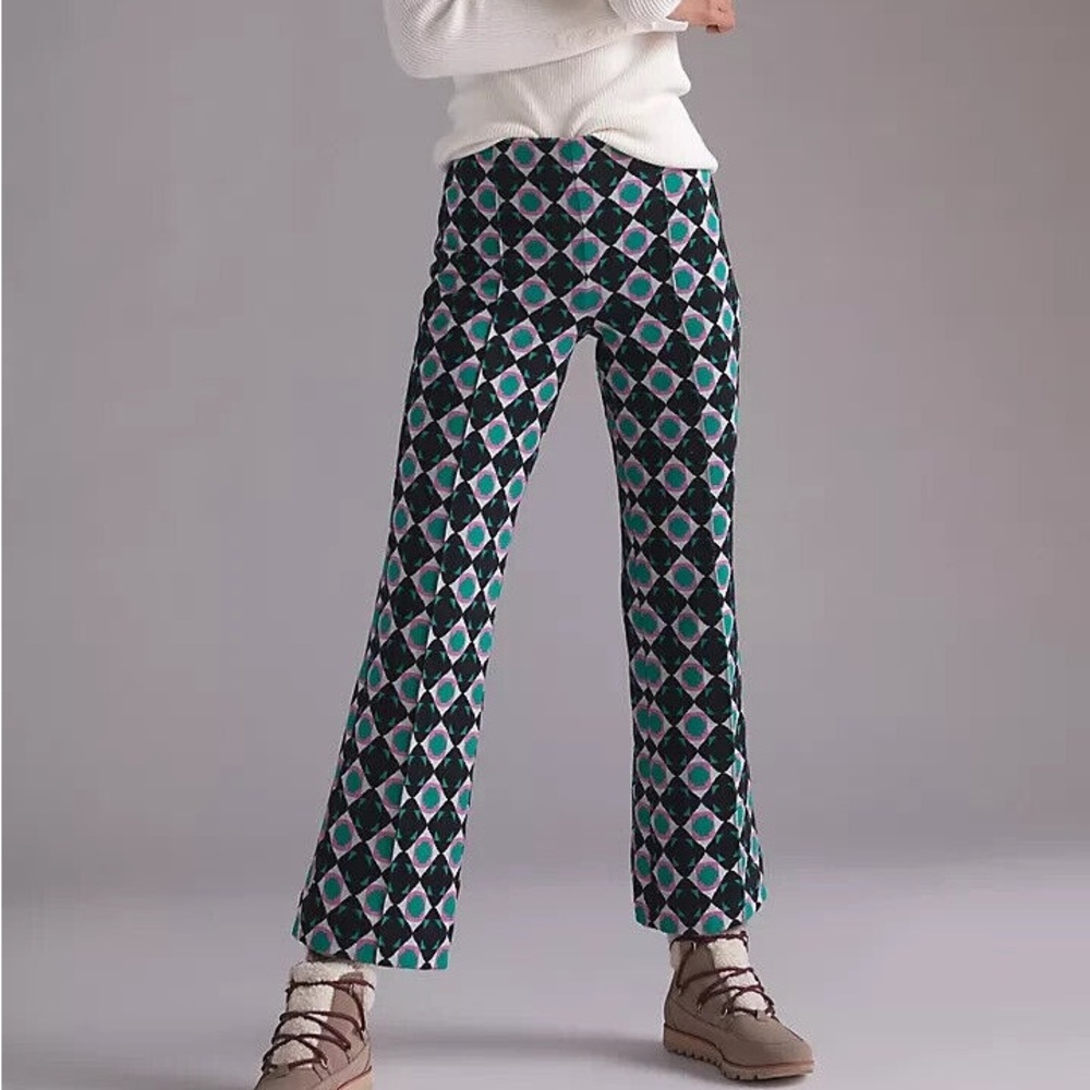Anthropologie Maeve Margot Kick Flare green Pants Geometric Black Motif Size Xs